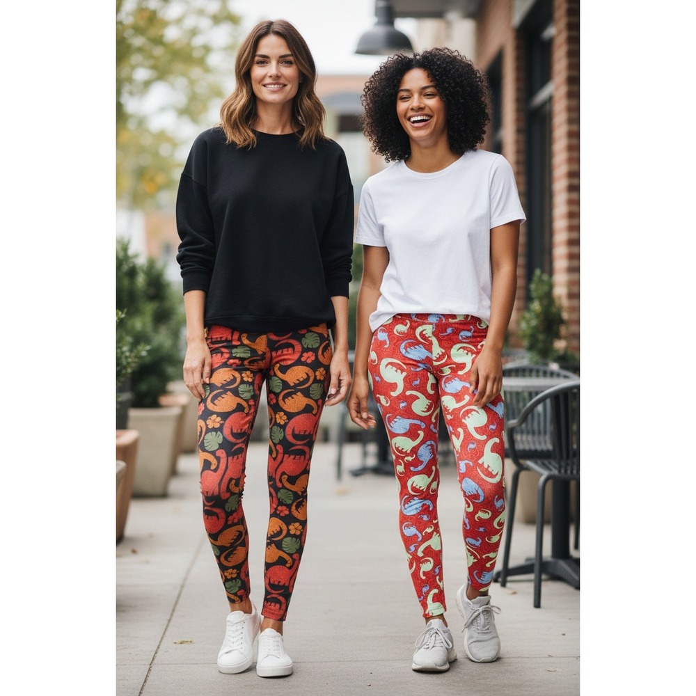 LuLaRoe Womens OS Dinosaur Leggings Lot‎ of 2 Red Black One Size
